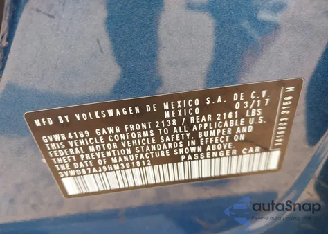 2017 Volkswagen Jetta 1.4T Se z USA, uszkodzony, nr VIN 3VWDB7AJ9HM361812